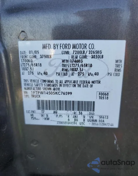 2005 Ford F150 Supercrew from USA, damaged, VIN 1FTPW14505KC76599